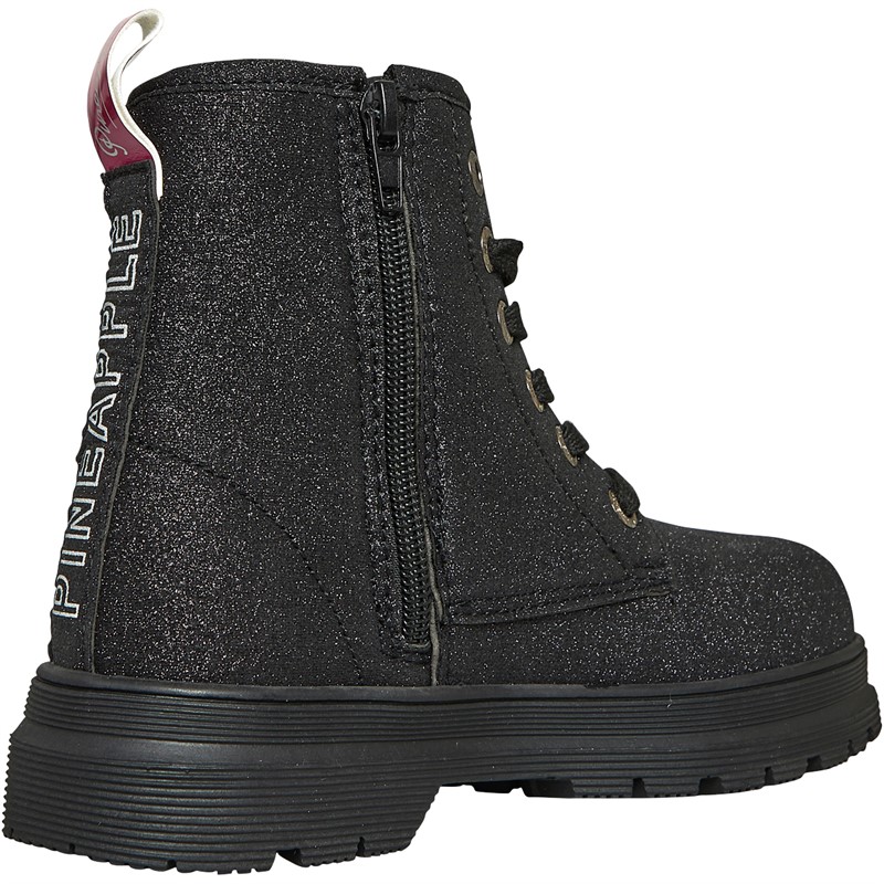 Pineapple Junior Girls Glitter Heart Ankle Boots Black Glitter