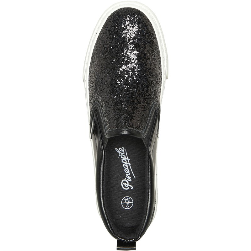 Pineapple Girls Glitter Slip On Trainers Black/Silver Glitter