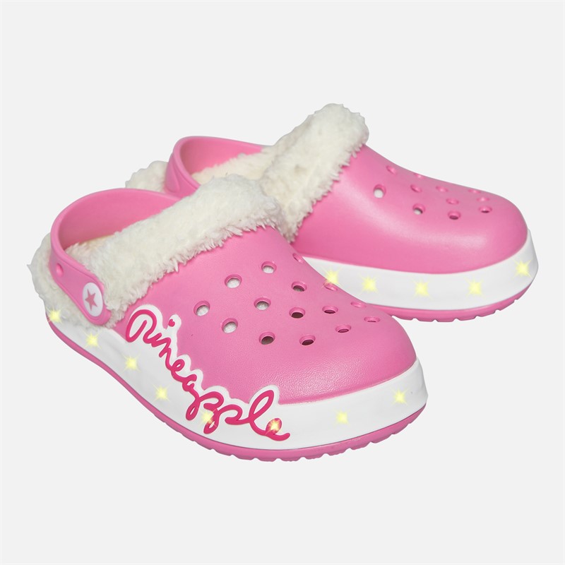 Pineapple Girls Fur Lined Light Up Clog Slippers Pink/White