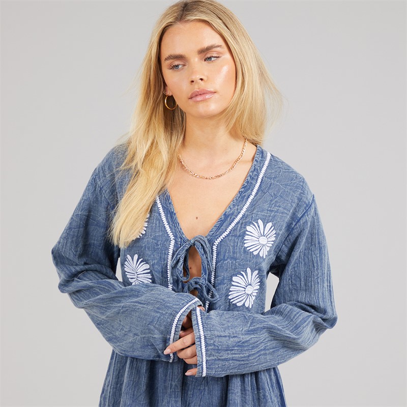 Native Youth Womens Floral Embroidered Dress Navy