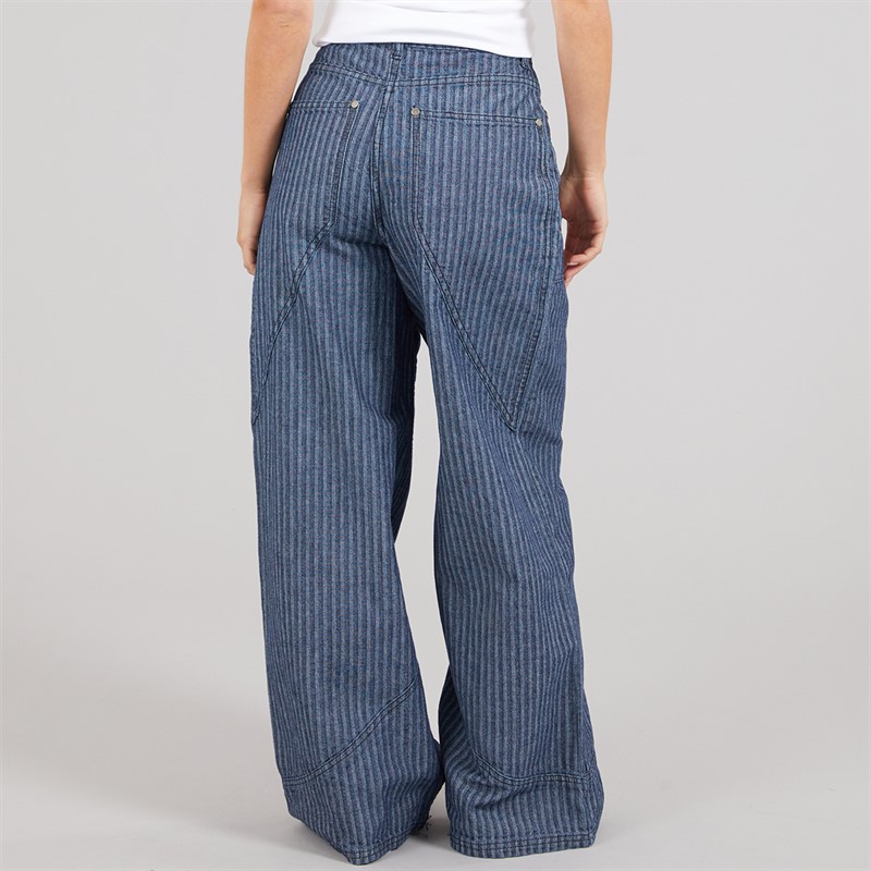 Native Youth Womens Stripe Wide Leg Jeans Blue