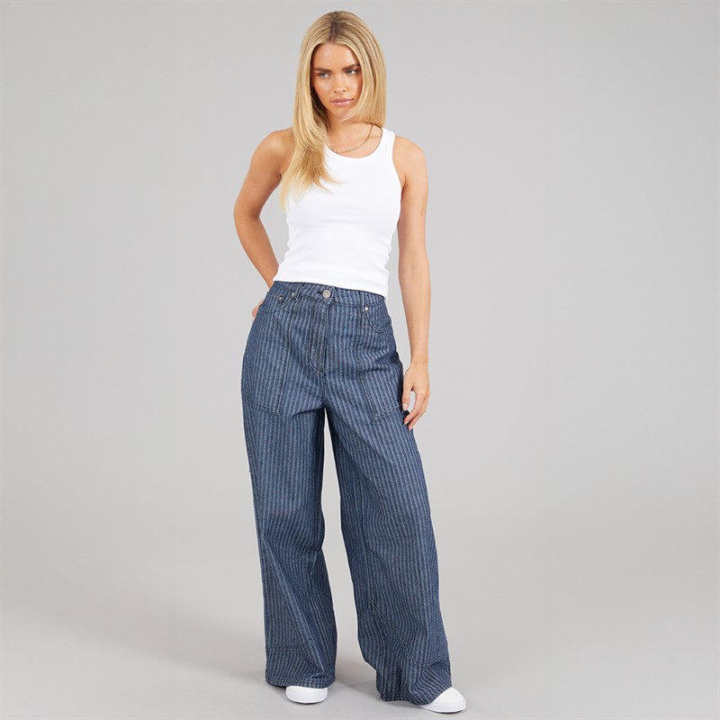 Native Youth Womens Stripe Wide Leg Jeans Blue