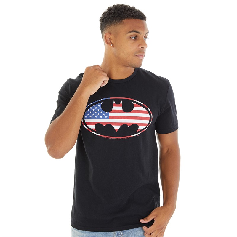 DC Comics Mens Batman American Flag Oval T-Shirt Black