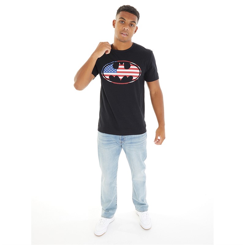 DC Comics Mens Batman American Flag Oval T-Shirt Black