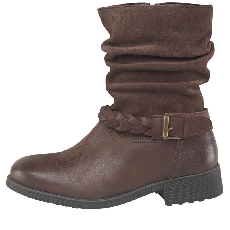 Buy Onfire Womens Mid Height Leather/Suede Ruched Boots Brown