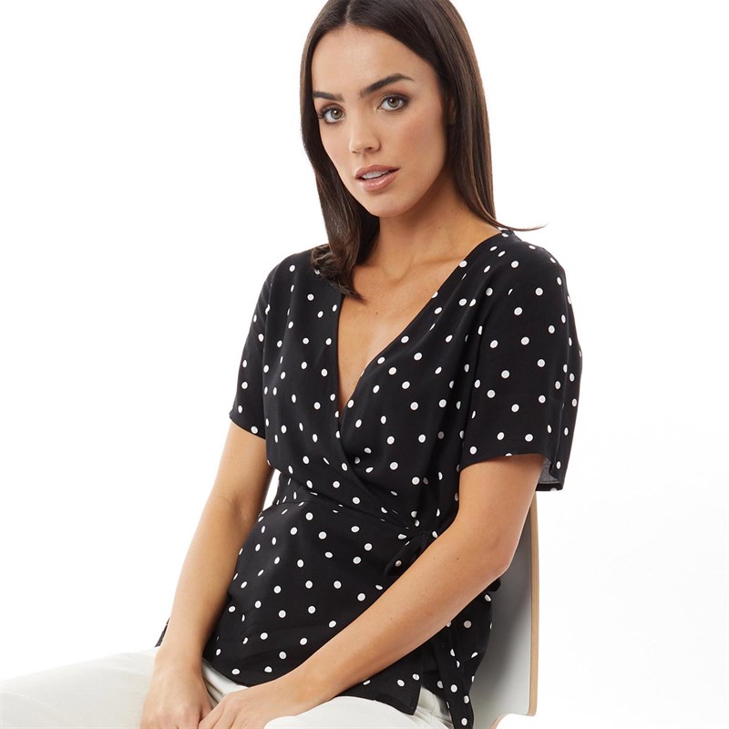 Black polka dot wrap top online