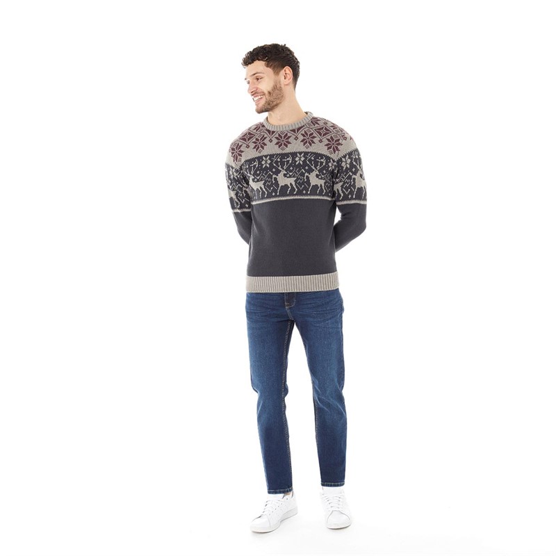 Onfire Mens Jacquard Crew Neck Sweater Navy/Grey