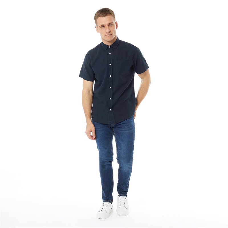 Onfire Mens Linen Mix Short Sleeve Shirt Navy