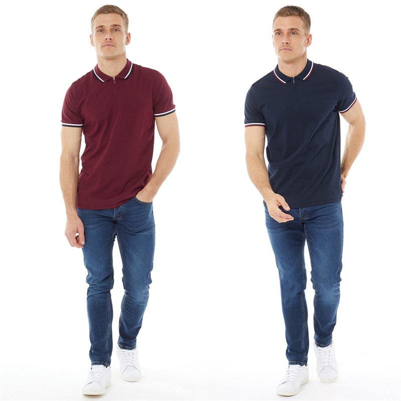 Onfire Mens Two Pack Zip Neck Polo Shirts Dark Navy/Wine