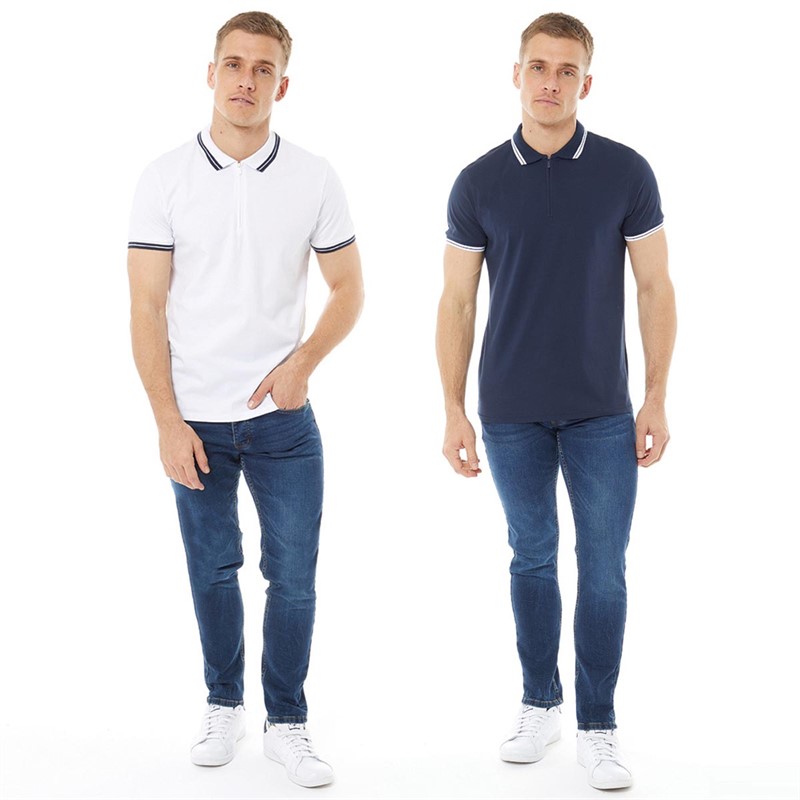 Onfire Mens Two Pack Zip Neck Polo Shirts Mid Navy/White