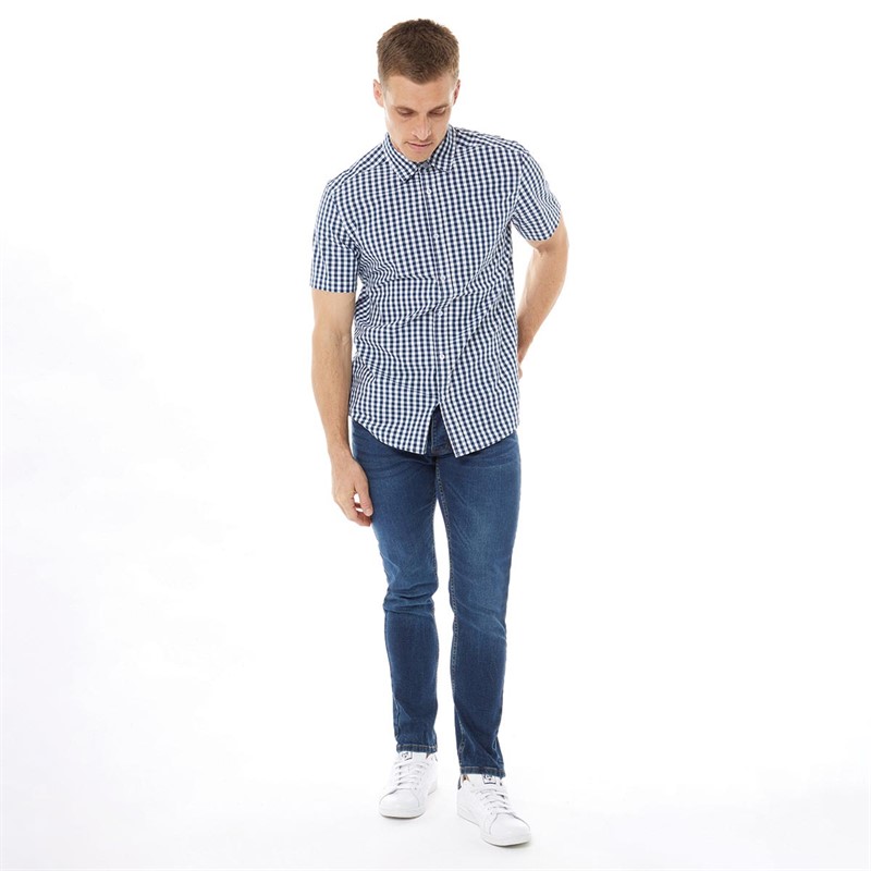 Onfire Mens Short Sleeve Yarn Dyed Gingham Shirt Navy/White