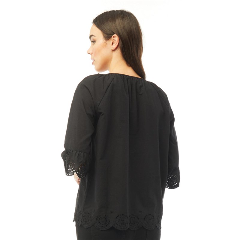 Onfire Womens Broderie Anglais Trim Cotton Top Black