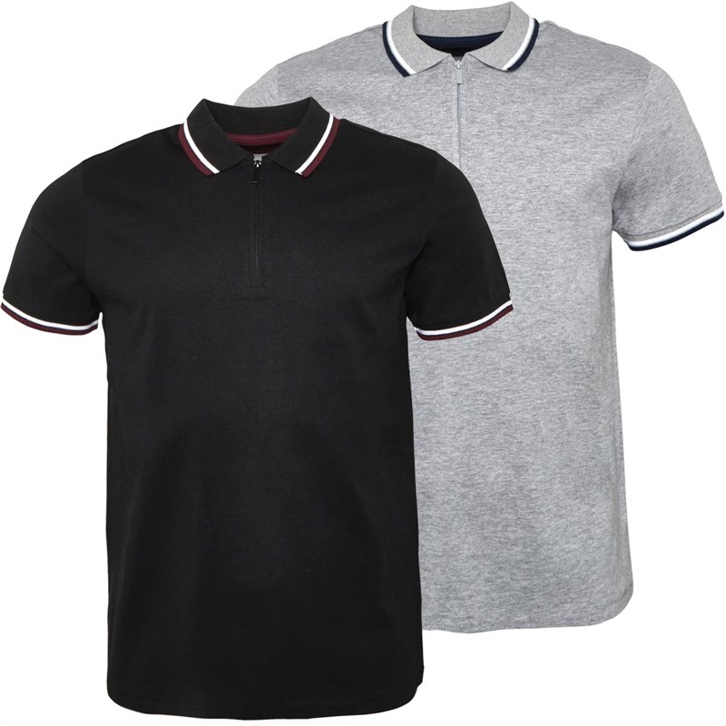 Onfire Mens Two Pack Zip Neck Pique Polo Shirts Black/Grey Marl