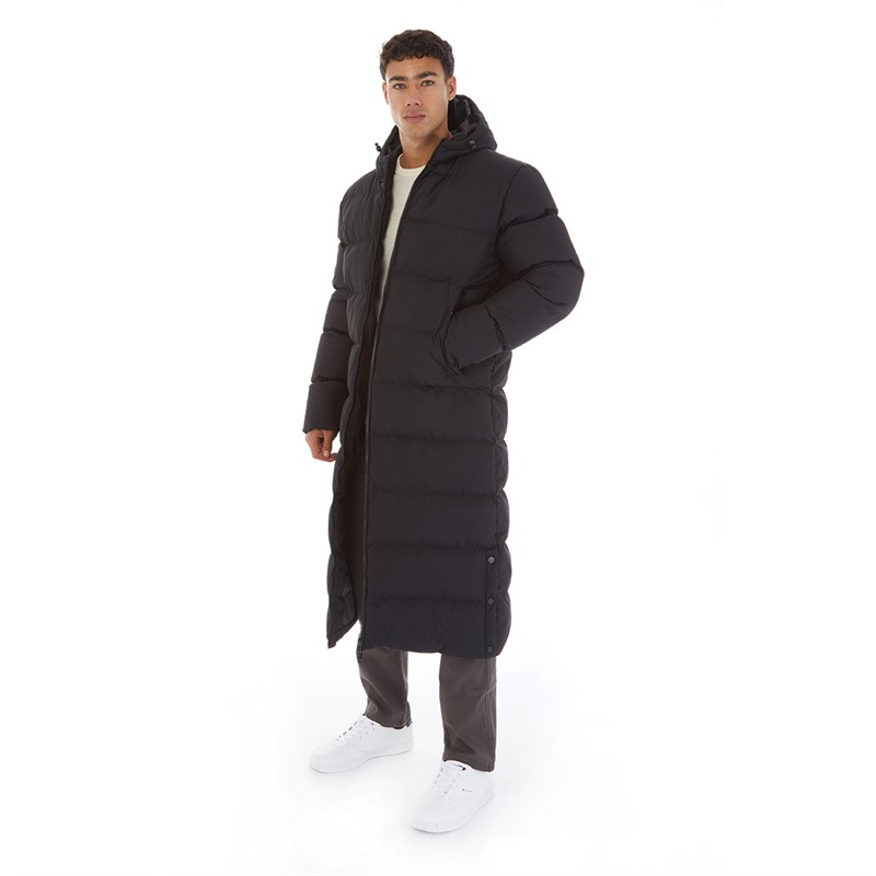 Onfire Mens Maxi Length Hooded Puffer Jacket Black