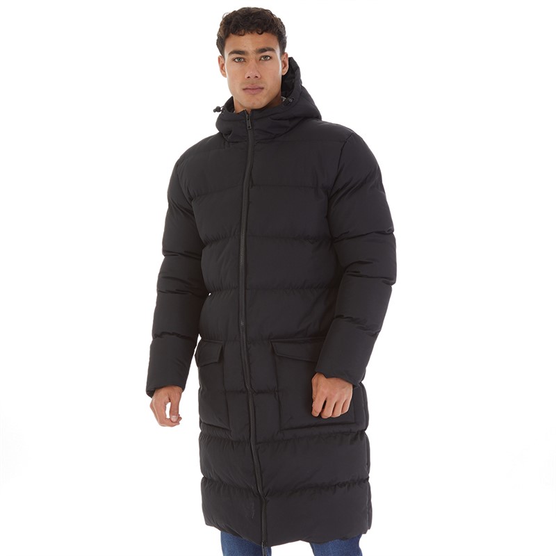 Onfire Mens Longline Hooded Puffer Jacket Black