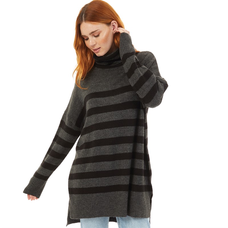 Onfire Womens Roll Neck Striped Sweater Dress Grey/Black