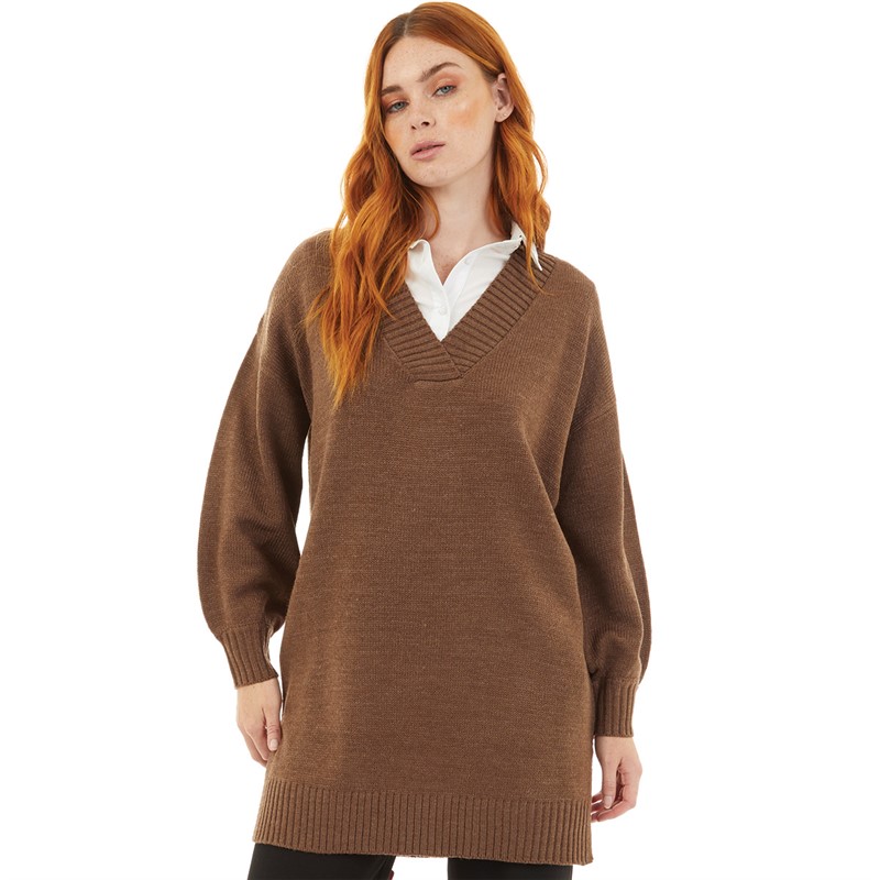 Onfire Womens V-Neck Longline Sweater Brown