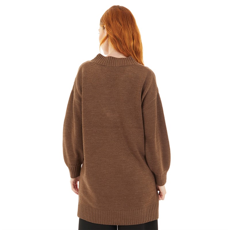 Onfire Womens V-Neck Longline Sweater Brown