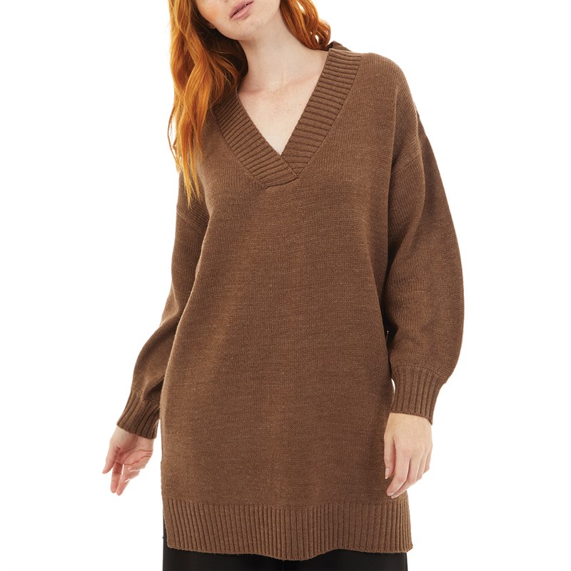 Onfire Womens V-Neck Longline Sweater Brown