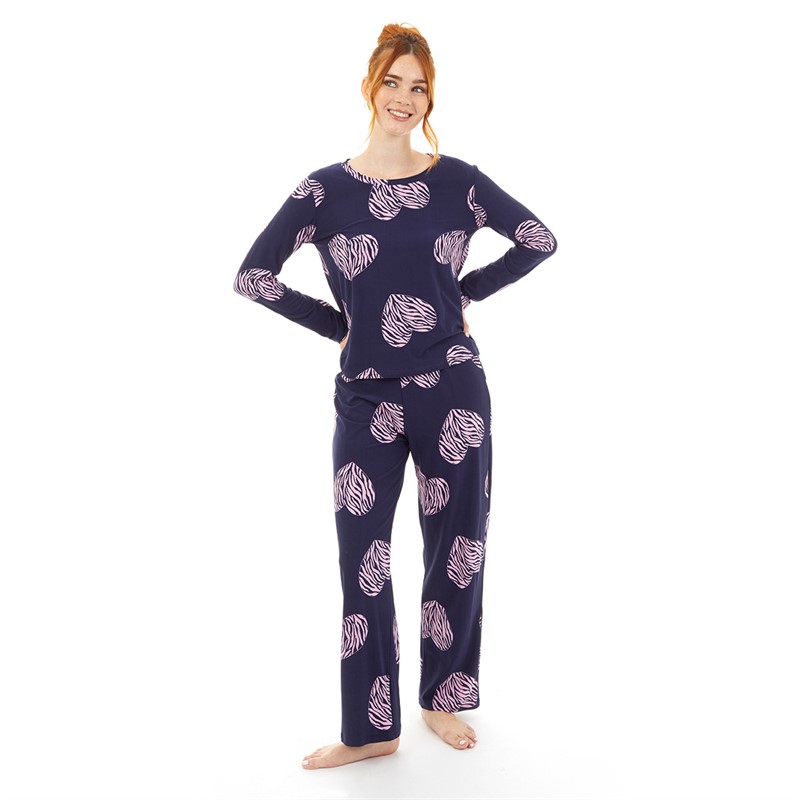 Onfire Womens Soft Touch Scatter Heart Pyjama Navy/Pink