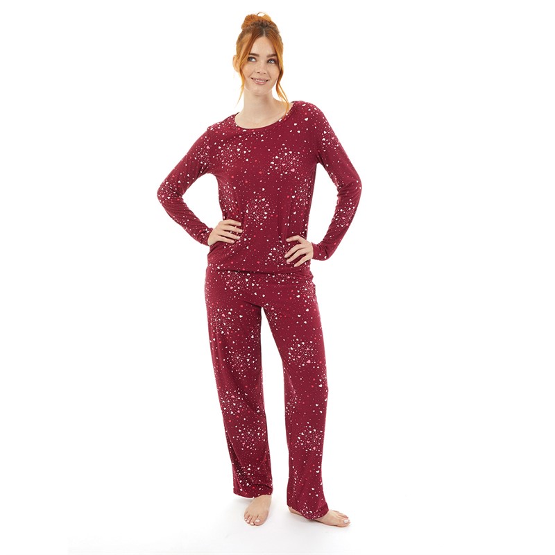 Onfire Womens Soft Touch Scatter Heart Pyjamas Burgundy