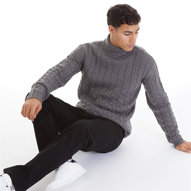 Onfire Mens Cable Roll Neck Sweater Charcoal