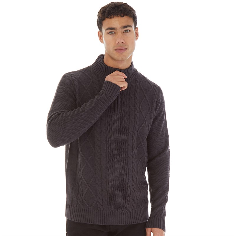 Onfire Mens Cable 1/4 Zip Neck Sweater Charcoal