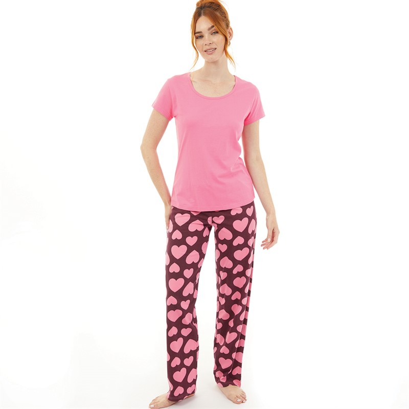 Onfire Womens Short Sleeve Heart AOP Pyjama Set Pink/Burgundy