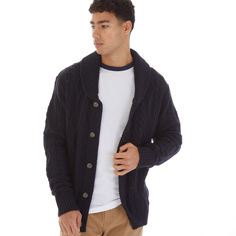 Onfire Mens Cable Shawl Collar Cardigan Navy