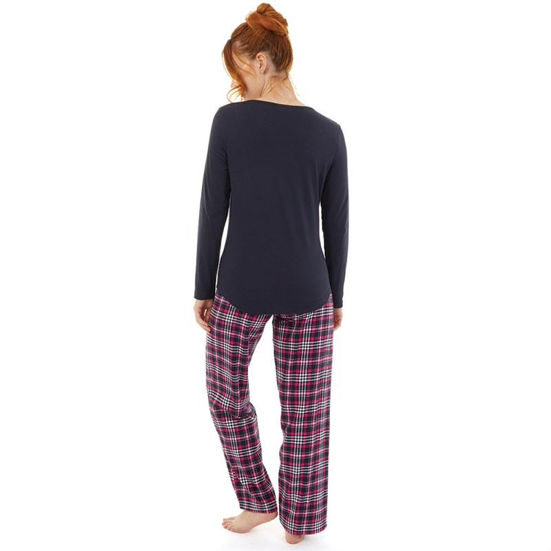 Onfire Womens Long Sleeve Top And Check Pants Set Navy/Pink