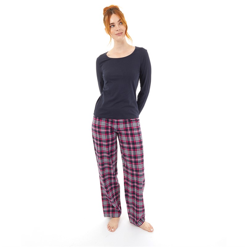 Onfire Womens Long Sleeve Top And Check Pants Set Navy/Pink