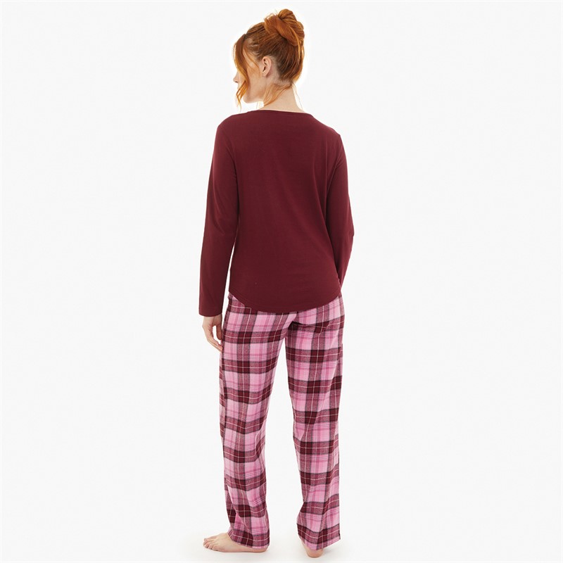 Onfire Womens Long Sleeve Top And Check Pants Set Bugundy