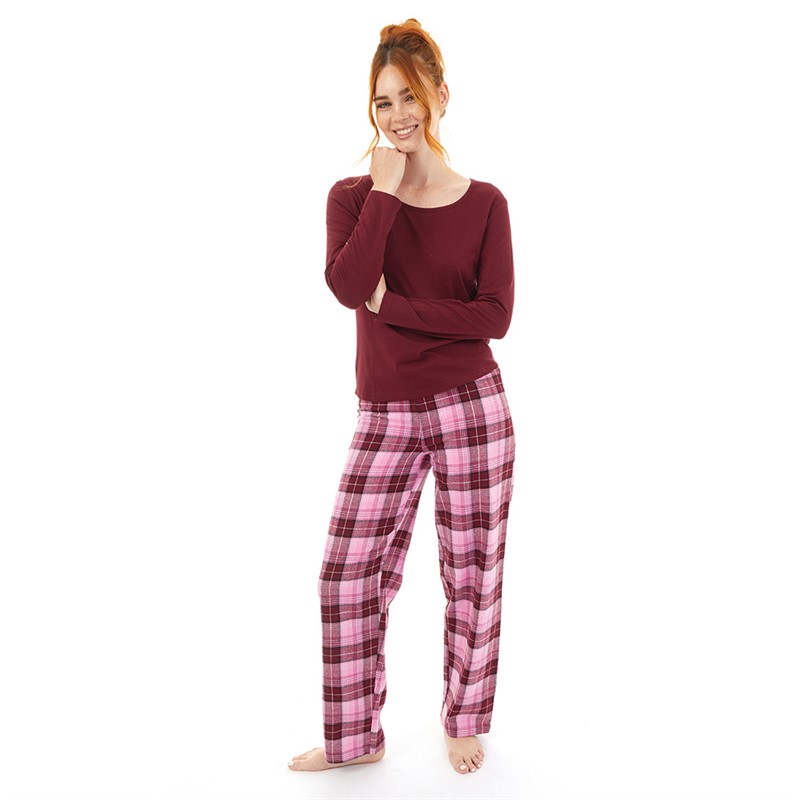 Onfire Womens Long Sleeve Top And Check Pants Set Bugundy