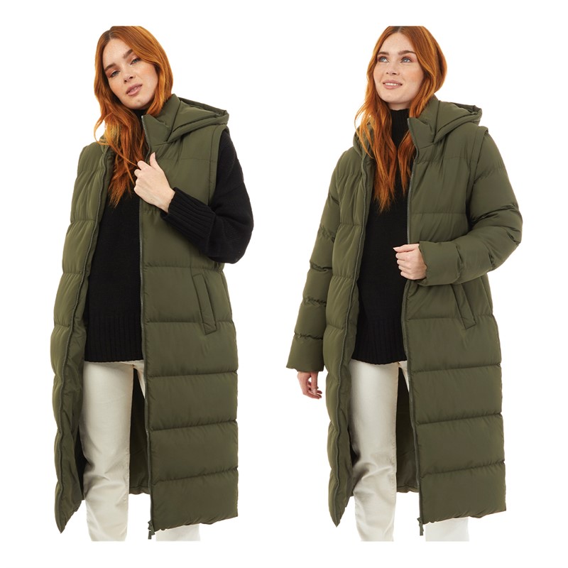 Onfire Womens 2 In 1 Longline Hooded Jacket With Detachable Sleeves Khaki