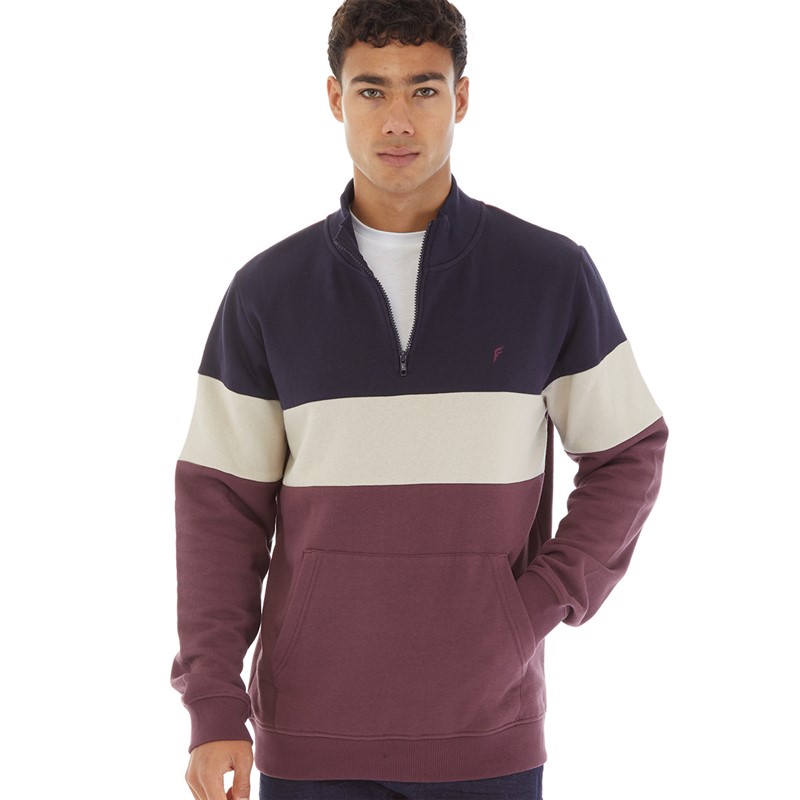 Onfire Mens 1/4 Zip Colour Block Sweatshirt Navy/Burgundy