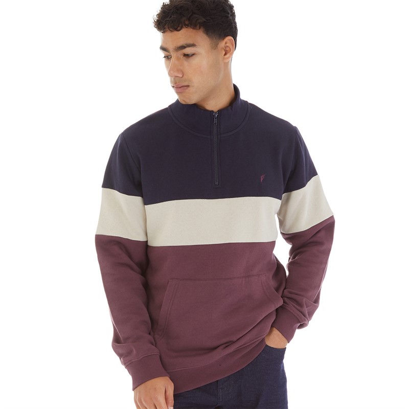 Onfire Mens 1/4 Zip Colour Block Sweatshirt Navy/Burgundy