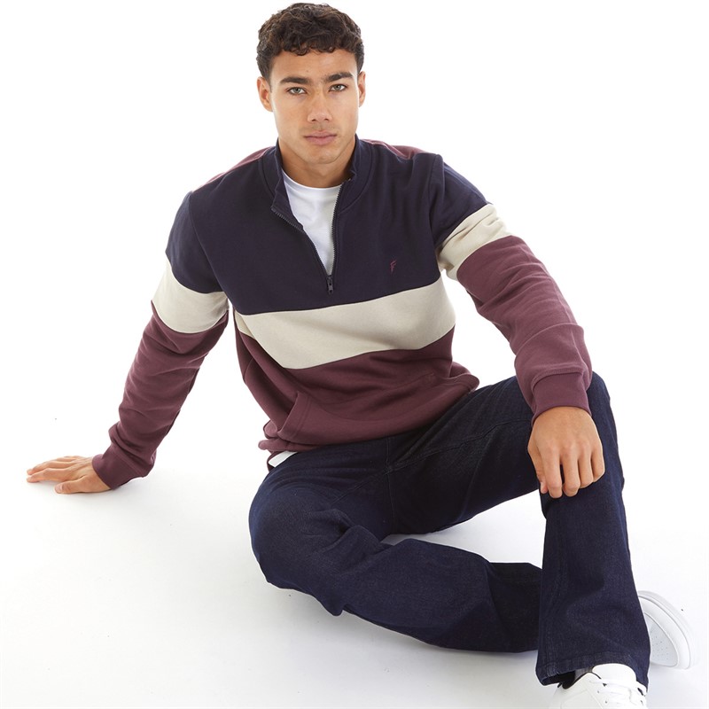 Onfire Mens 1/4 Zip Colour Block Sweatshirt Navy/Burgundy