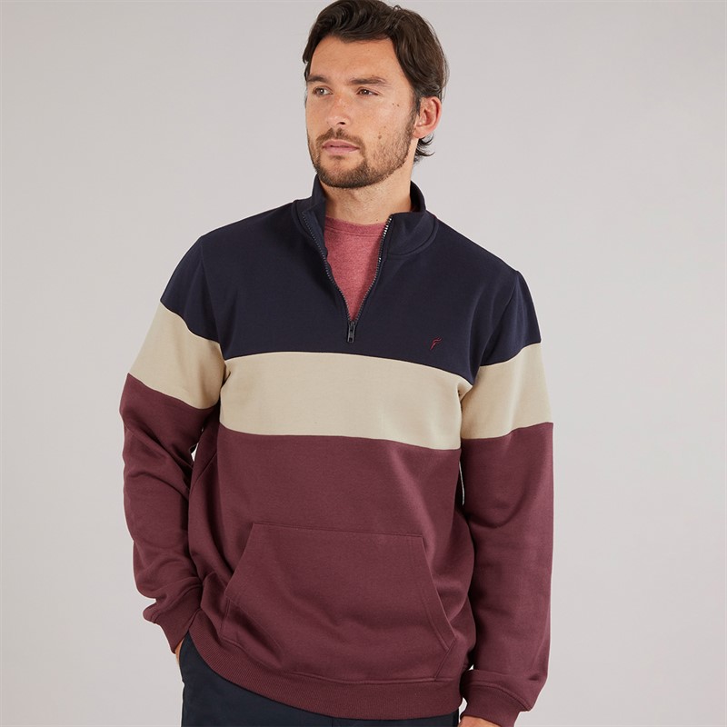 Onfire Mens 1/4 Zip Colour Block Sweatshirt Navy/Burgundy