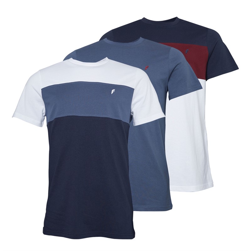 Onfire Mens Three Pack Colour Block T-Shirts Navy/Burgundy/White