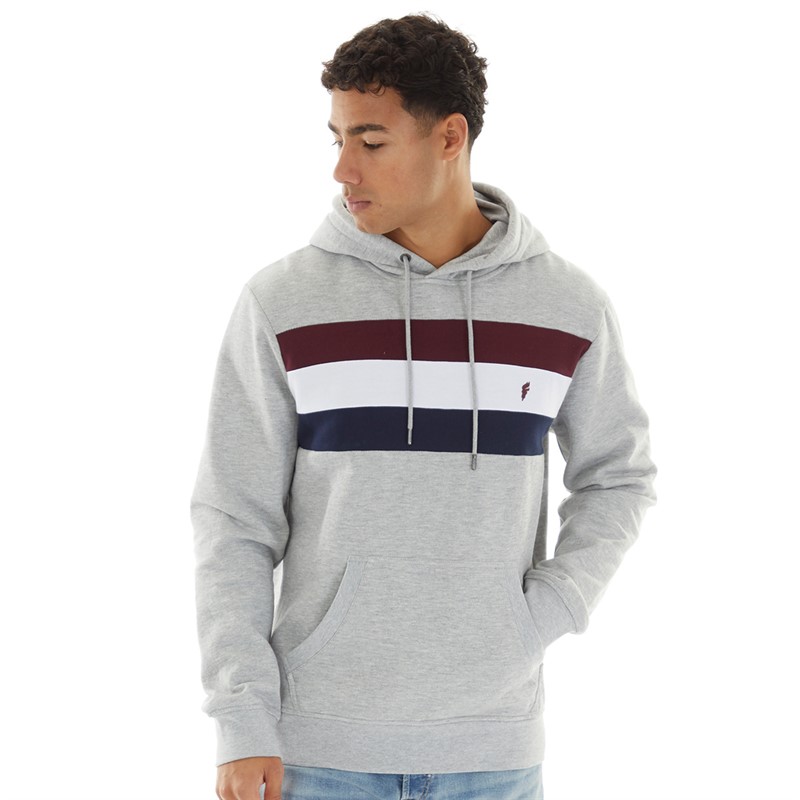 Onfire Mens Chest Stripe Hoodie Light Grey Marl