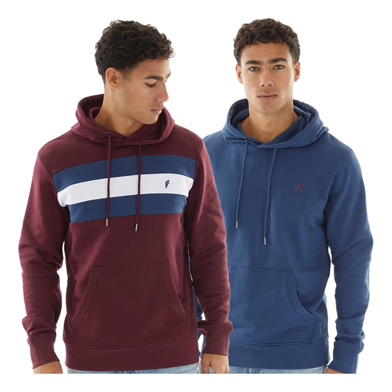 Onfire Mens Two Pack Chest Stripe/Plain Hoodie Windsor Wine/Dark Denim