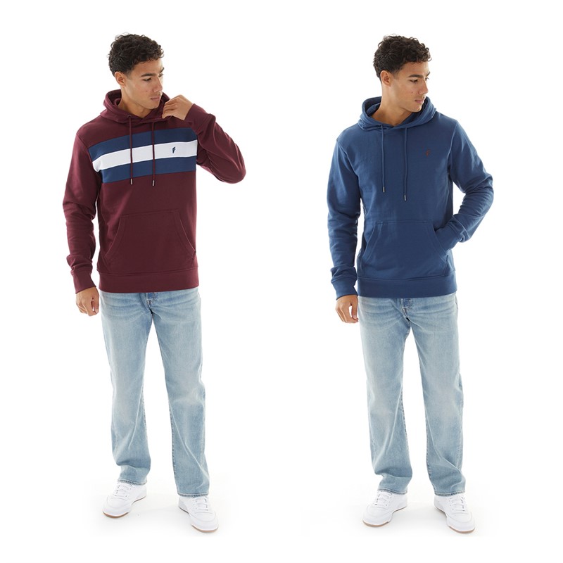 Onfire Mens Two Pack Chest Stripe/Plain Hoodie Windsor Wine/Dark Denim