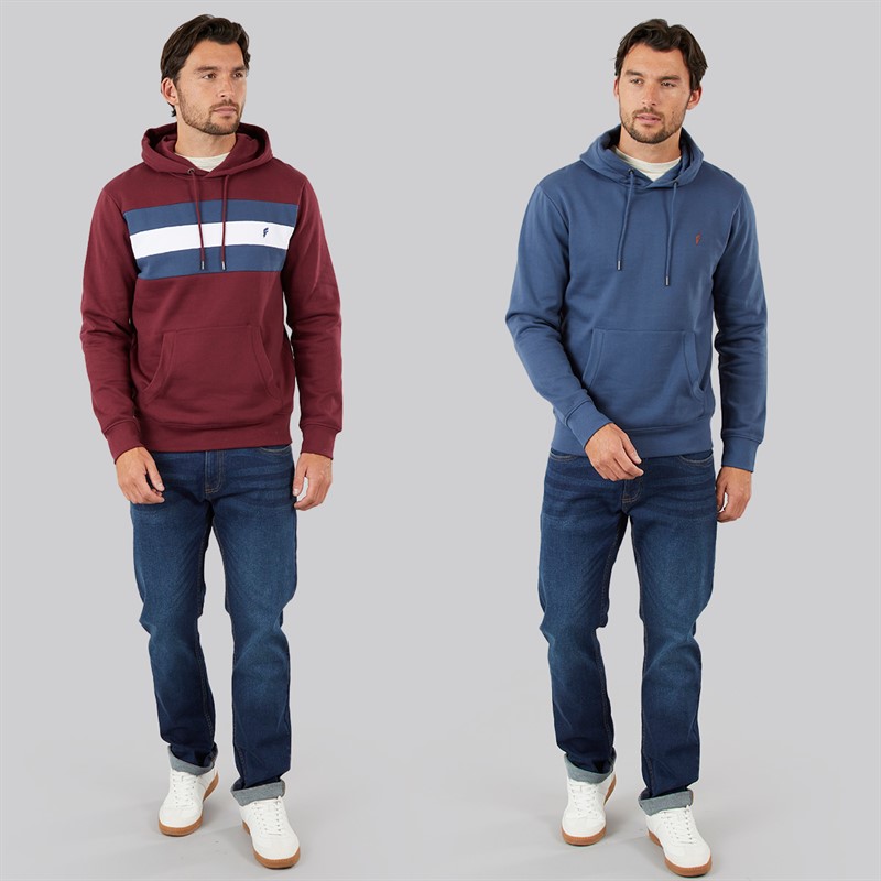 Onfire Mens Two Pack Chest Stripe/Plain Hoodie Windsor Wine/Dark Denim