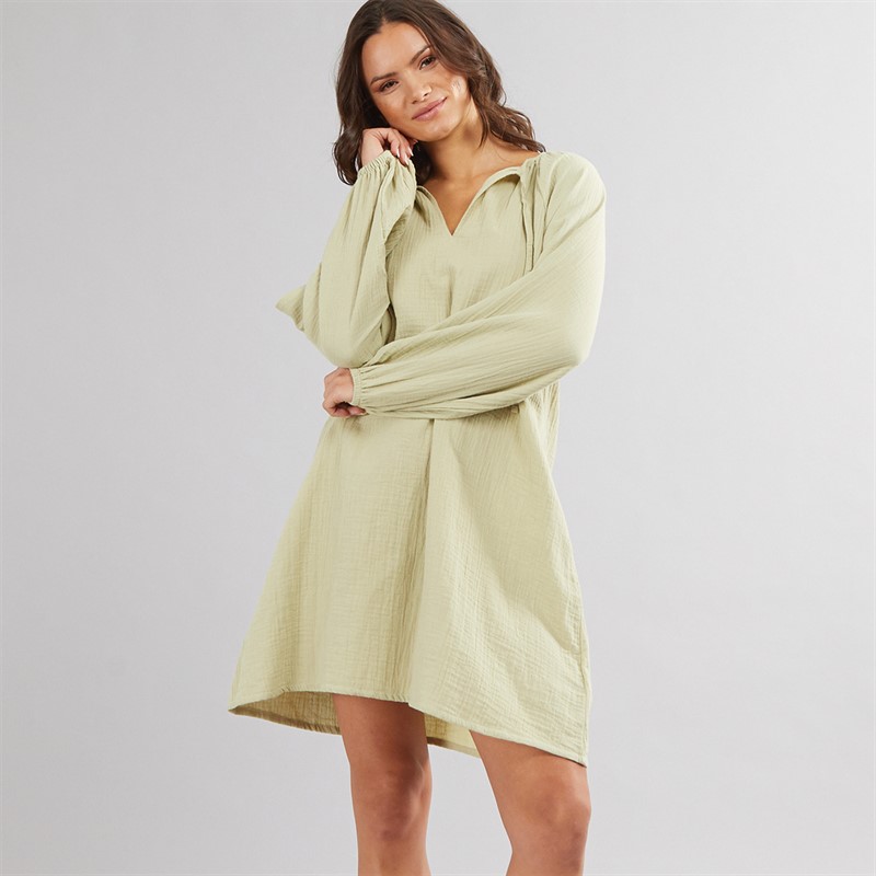 Womens Cheesecloth Tie Neck Tunic Dress Khaki - Size 20