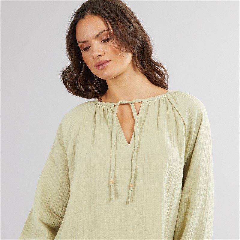 Onfire Womens Cheesecloth Tie Neck Tunic Dress Khaki