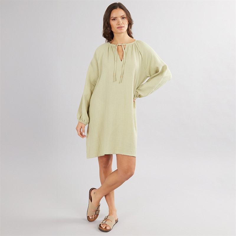 Onfire Womens Cheesecloth Tie Neck Tunic Dress Khaki