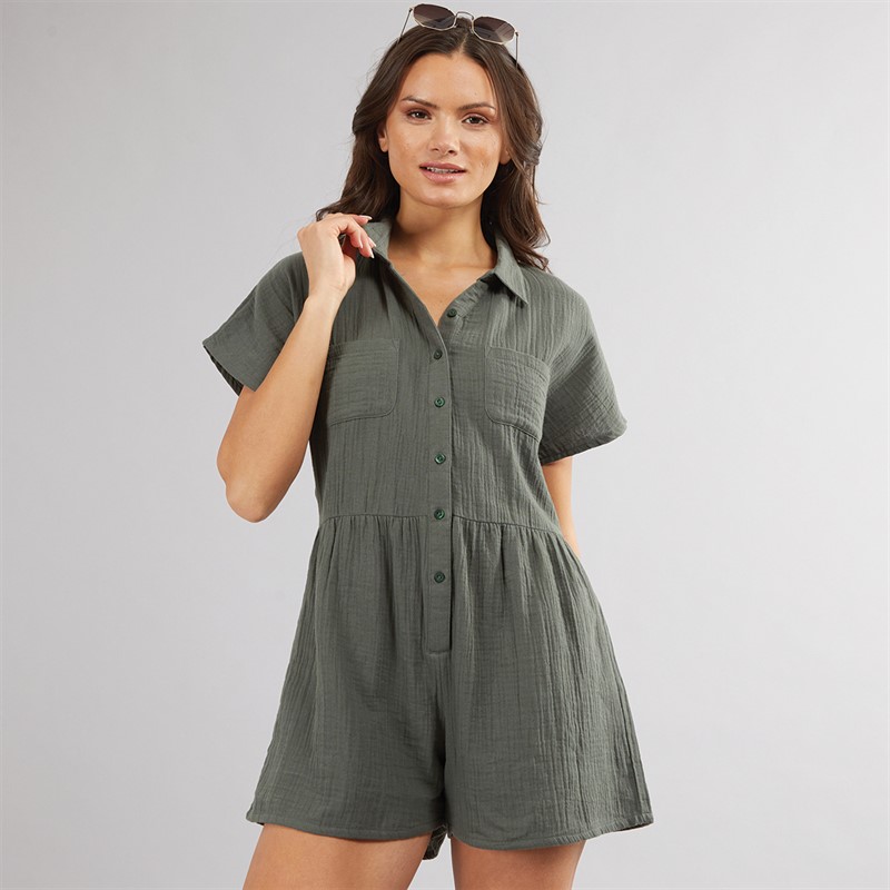 Womens Cheesecloth Button Through Playsuit Khaki - Size 20