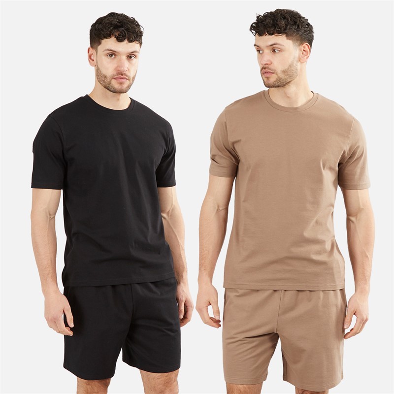 Mens Two Pack T-Shirts And Shorts Co-Ords Black/Brown - Size S