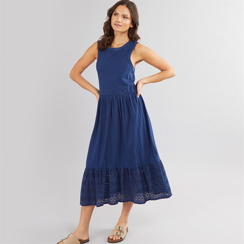 Womens Sleeveless Tiered Broderie Midi Dress Navy - Size 16