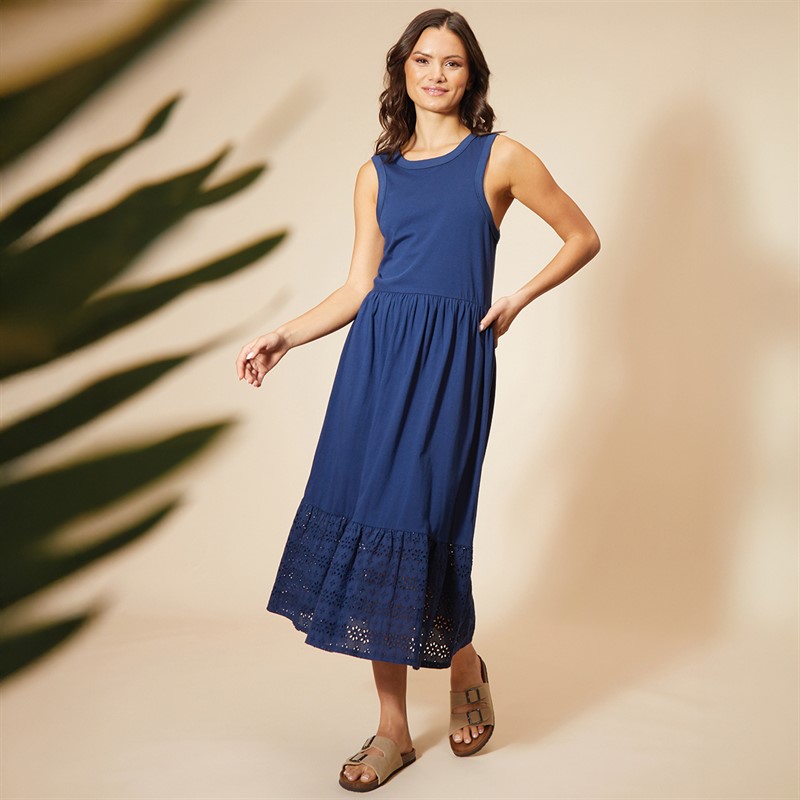Onfire Womens Sleeveless Tiered Broderie Midi Dress Navy
